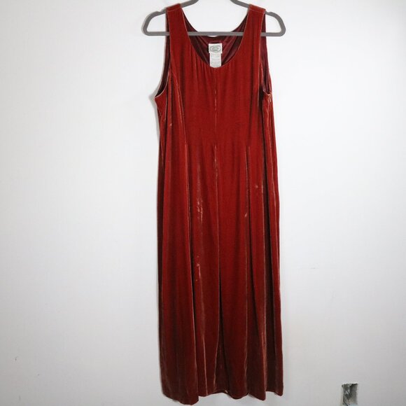 Laura Ashley Vintage 90s Velvet Maxi Dress 10 Boho Fairy Romantic Silk Burnt Red - Picture 1 of 6